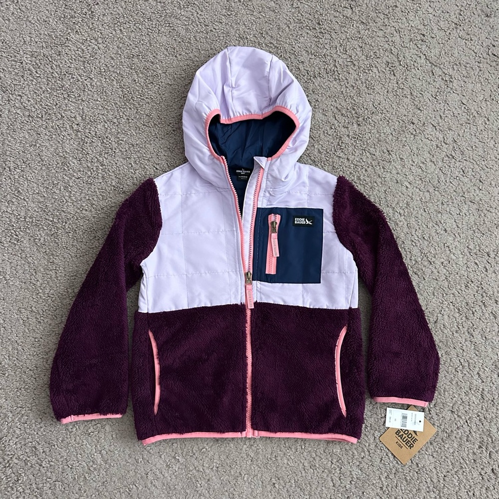 Eddie Bauer Kids Fleece Hooded Zip Jacket Girls XS (5/6) Berry Satin